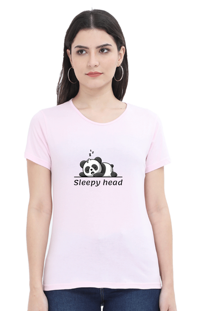 Sleepy head: Women's Round Neck Half Sleeves T-Shirt with Panda Print