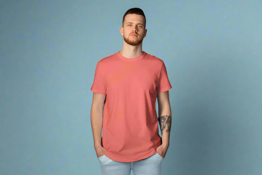 Men Round Neck Solid Coral Half Sleeves T-Shirt