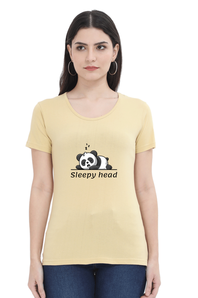 Sleepy head: Women's Round Neck Half Sleeves T-Shirt with Panda Print