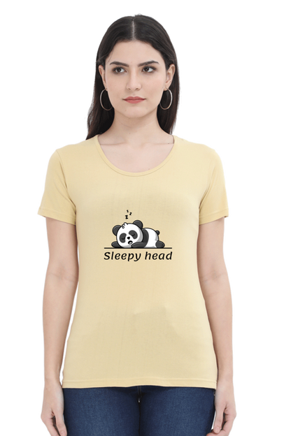 Sleepy head: Women's Round Neck Half Sleeves T-Shirt with Panda Print