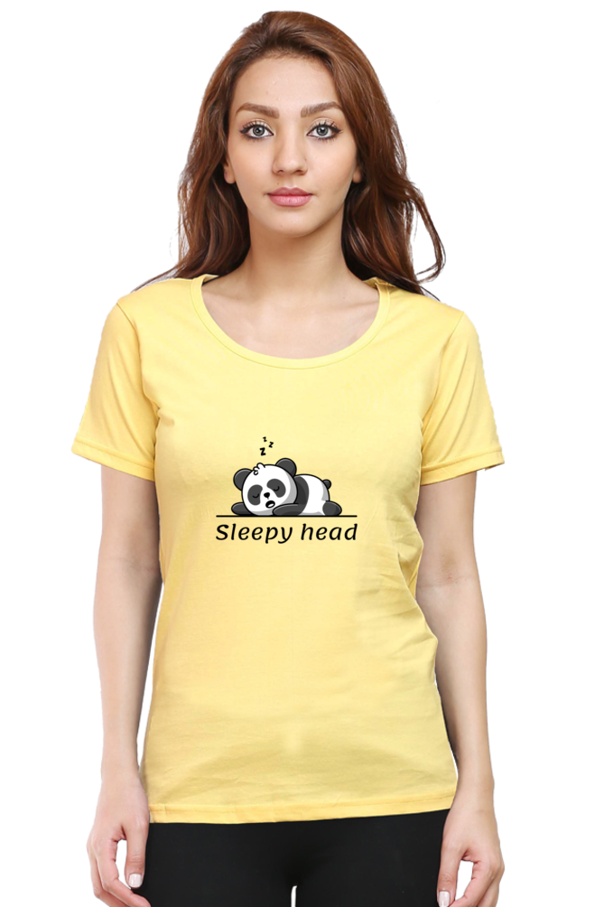 Sleepy head: Women's Round Neck Half Sleeves T-Shirt with Panda Print