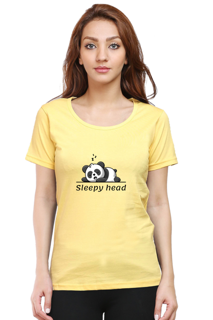 Sleepy head: Women's Round Neck Half Sleeves T-Shirt with Panda Print