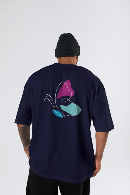 Round Neck Oversized Unisex Navy Blue Half Sleeves T-Shirt with Abstract Butterfly Print