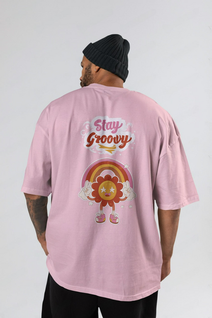 Round Neck Oversized Unisex Half Sleeves Baby Pink T-Shirt with Stay Groovy Print