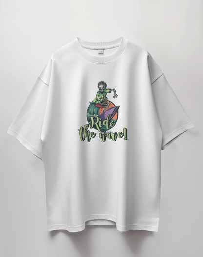 Round Neck Oversized Unisex Half Sleeves T-Shirt with Ride the Wave Print