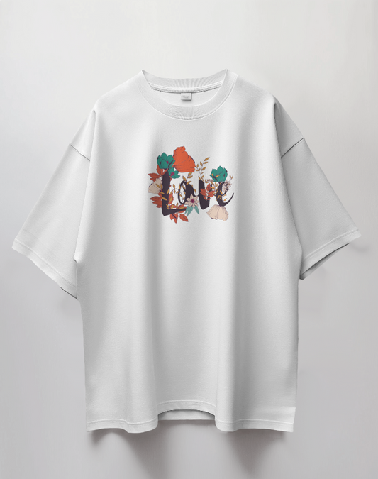 Round Neck Oversized Unisex Half Sleeves T-Shirt with Floral Love Print