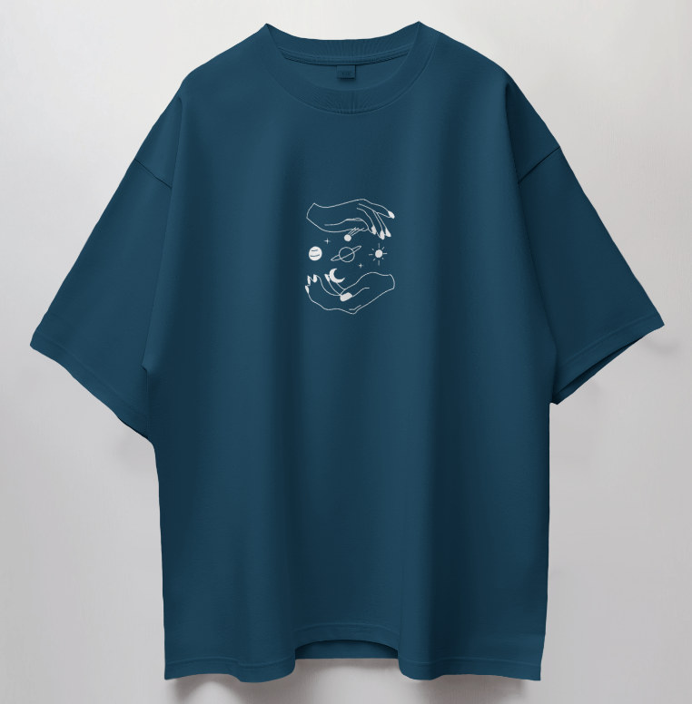 Round Neck Oversized Unisex Half Sleeves T-Shirt with Planets Between Hands