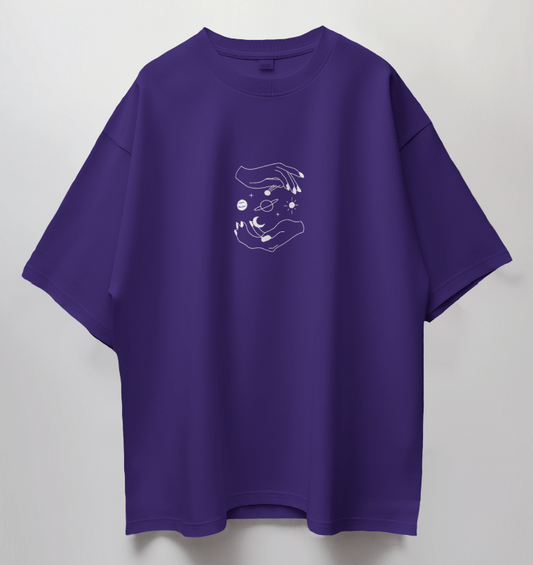 Round Neck Oversized Unisex Half Sleeves T-Shirt with Planets Between Hands