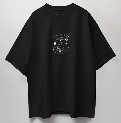 Round Neck Oversized Unisex Half Sleeves T-Shirt with Planets Between Hands