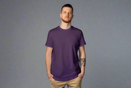 Men Round Neck Solid Purple Half Sleeves T-Shirt