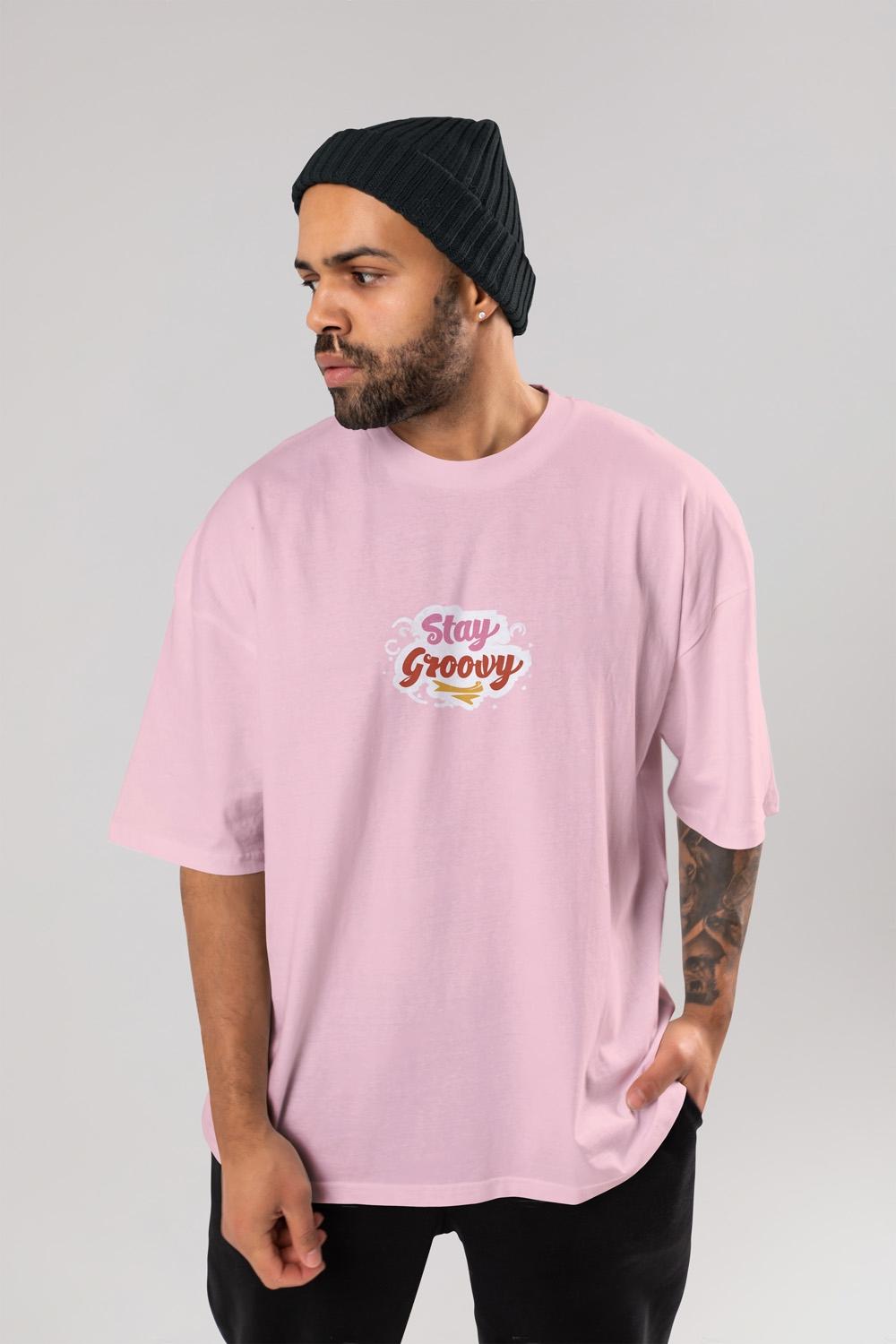 Round Neck Oversized Unisex Half Sleeves Baby Pink T-Shirt with Stay Groovy Print