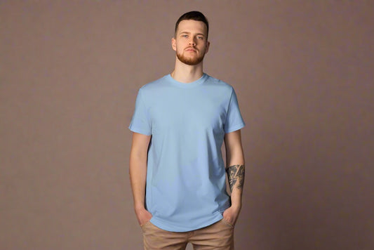 Men Round Neck Solid Baby Blue Half Sleeves T-Shirt