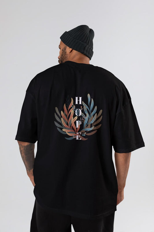 Round Neck Oversized Unisex Half Sleeves Black T-Shirt with Hope Print