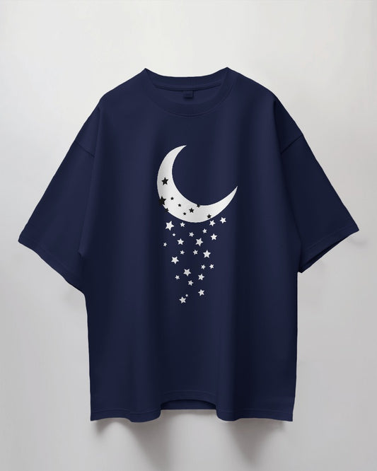 Round Neck Oversized Unisex Half Sleeves T-Shirt with Stars Falling Print