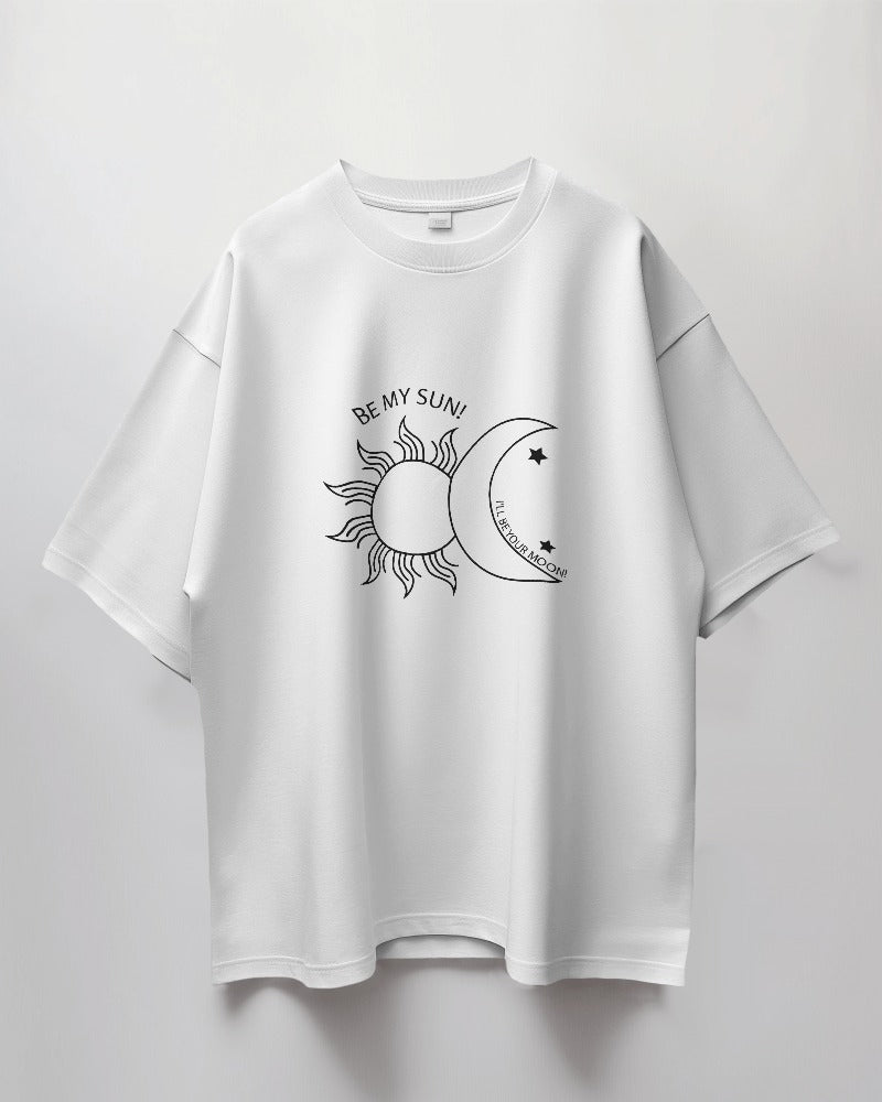 Round Neck Oversized Unisex Half Sleeves T-Shirt with Sun and Moon Print