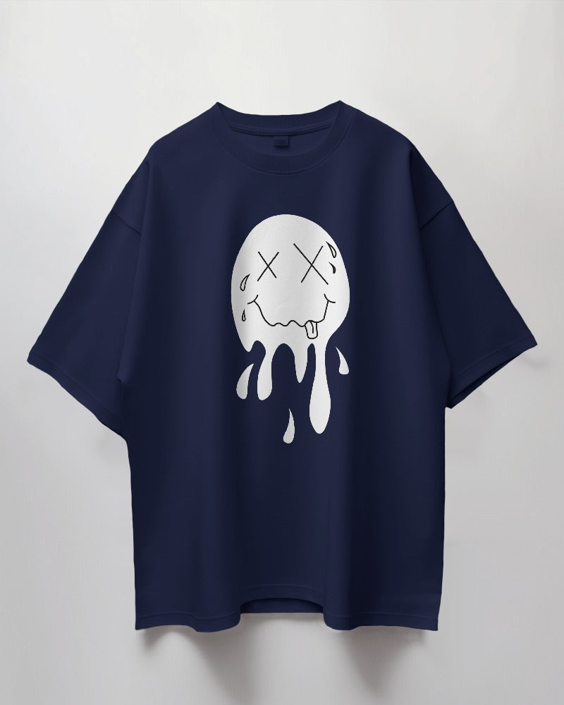 Round Neck Oversized Unisex Half Sleeves T-Shirt with a Melting Smiley Print