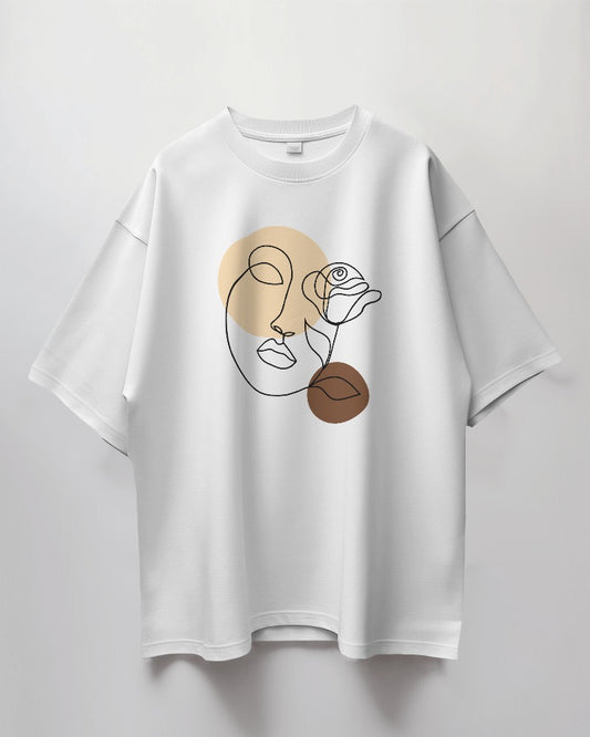 Round Neck Oversized Unisex Half Sleeves T-Shirt with Abstract Woman Line Art Print