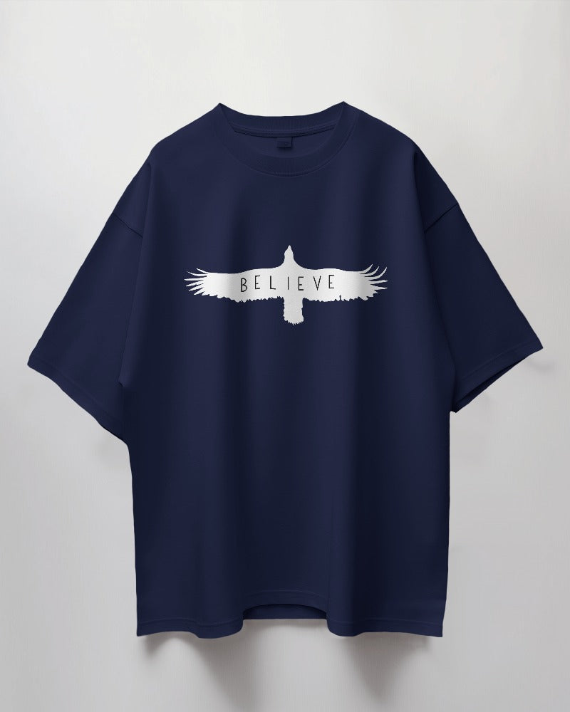 Round Neck Oversized Unisex Half Sleeves T-Shirt with Believe Eagle Print