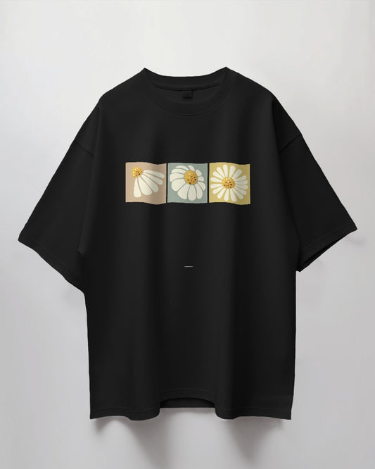 Round Neck Oversized Unisex Half Sleeves T-Shirt with Flower Print