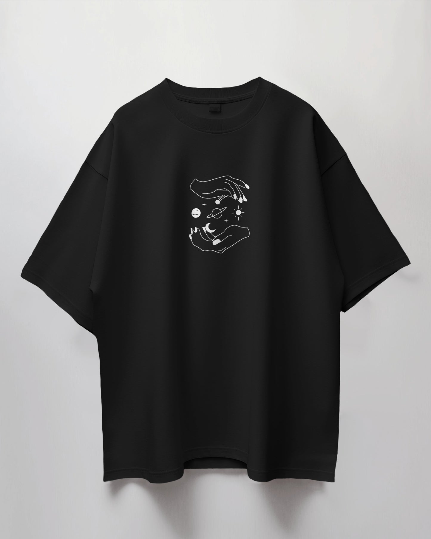 Oversized Unisex T-Shirt with Planets Between Hands