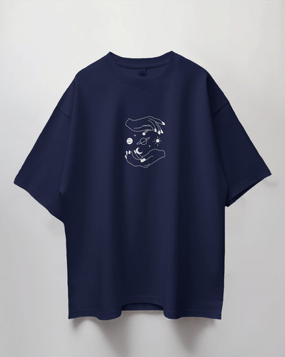 Oversized Unisex T-Shirt with Planets Between Hands