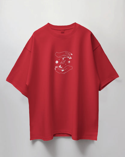 Oversized Unisex T-Shirt with Planets Between Hands