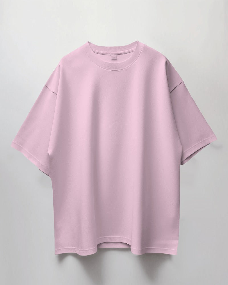 Men Round Neck Oversized Solid Baby Pink Half Sleeves T-Shirt