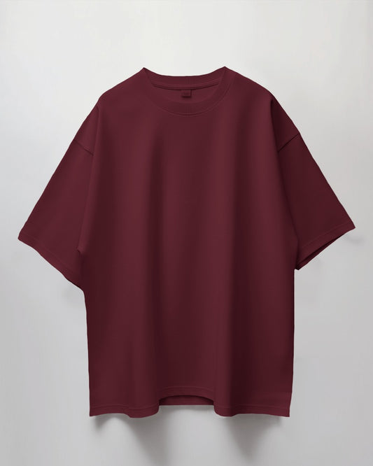 Men Round Neck Oversized Solid Maroon Half Sleeves T-Shirt