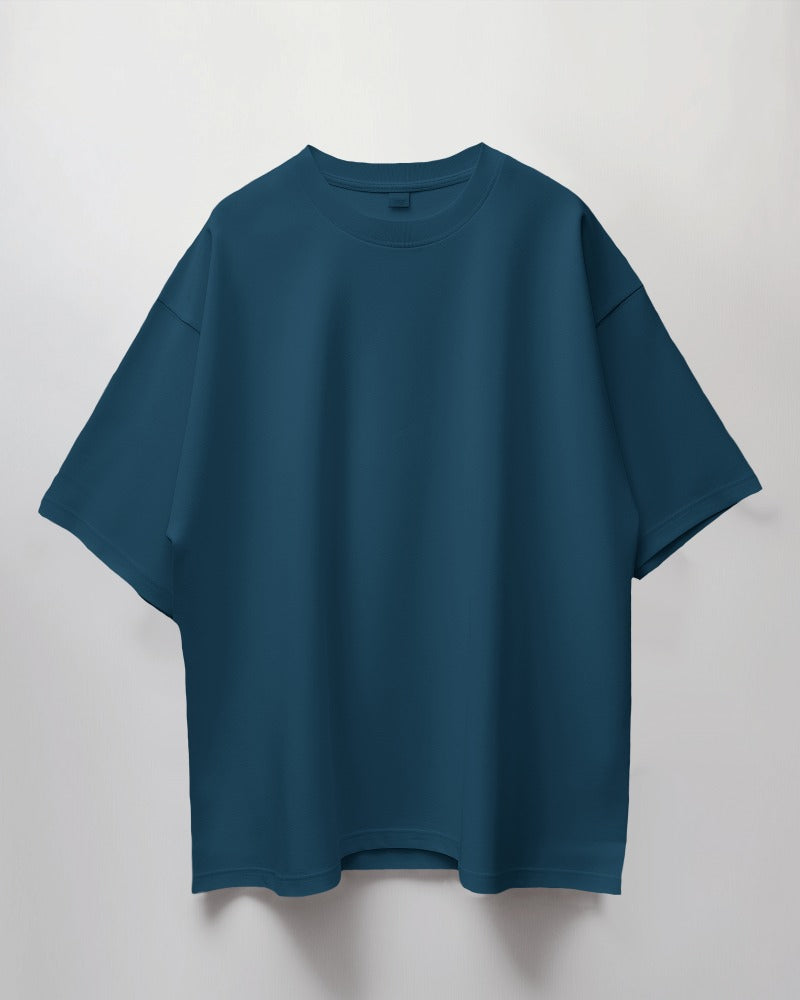 Men Round Neck Oversized Solid Petrol Blue Half Sleeves T-Shirt