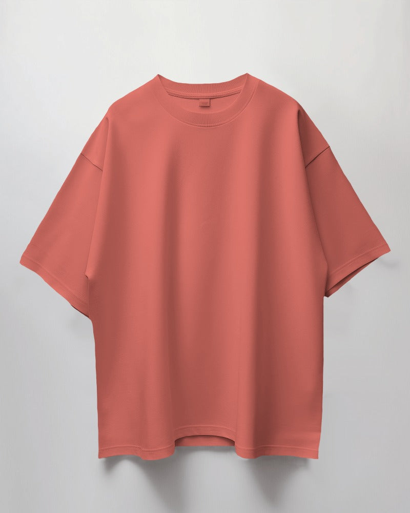 Men Round Neck Oversized Solid Coral Half Sleeves T-Shirt