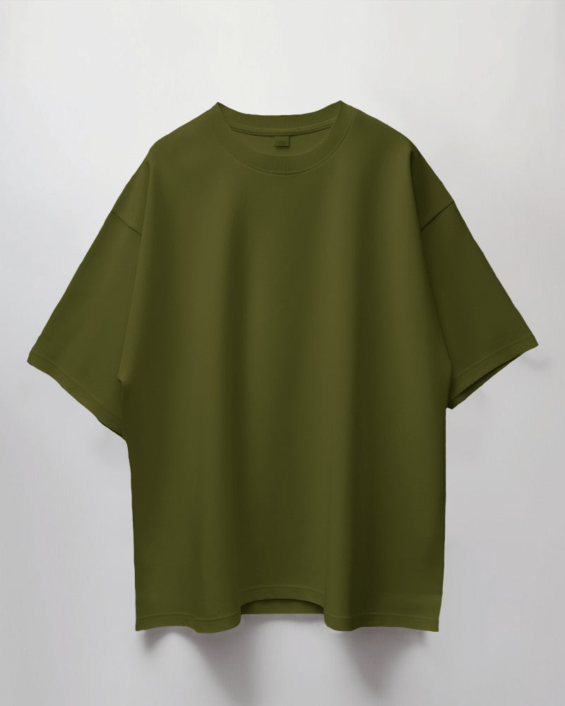 Men Round Neck Oversized Solid Olive Green Half Sleeves T-Shirt