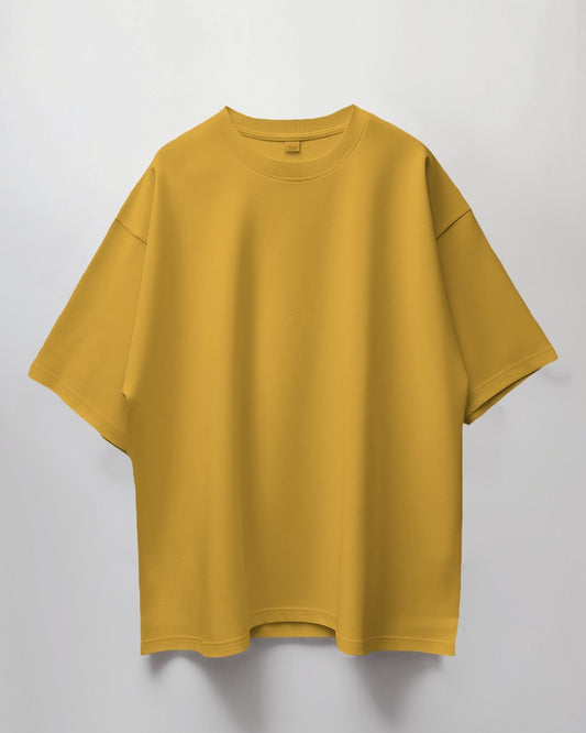 Men Round Neck Oversized Solid Golden Yellow Half Sleeves T-Shirt