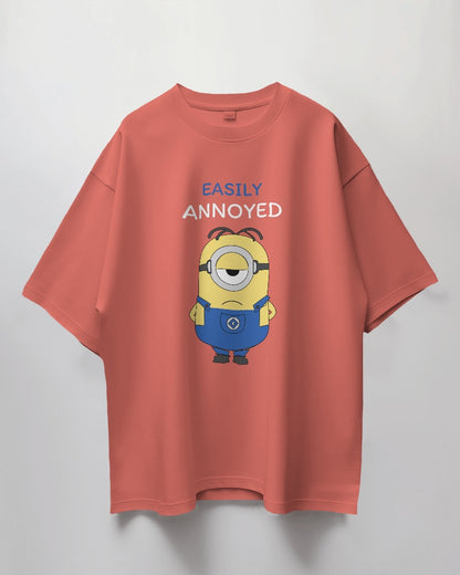 Round Neck Oversized Unisex Half Sleeves T-Shirt with Easily Annoyed Minion Print