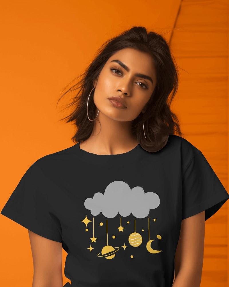 Women Round Neck Half Sleeves T-Shirt with Cloud and Planets Print