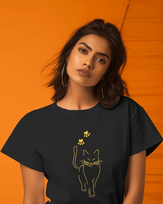 Women Round Neck Half Sleeves T-Shirt with Be Kind with Cat Abstract Print