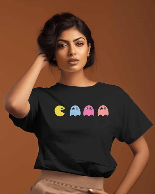 Women Round Neck Half Sleeves T-Shirt with Pac Man Print for Women