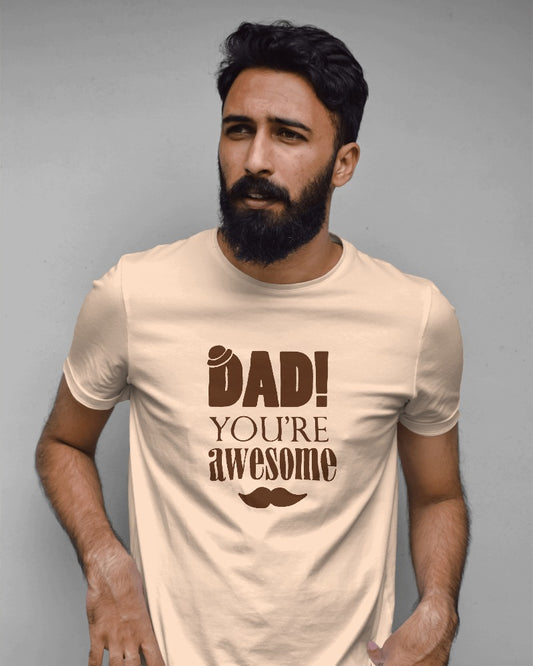 Round Neck Half Sleeves T-Shirt with 'Dad You Are Awesome' with Hat Print