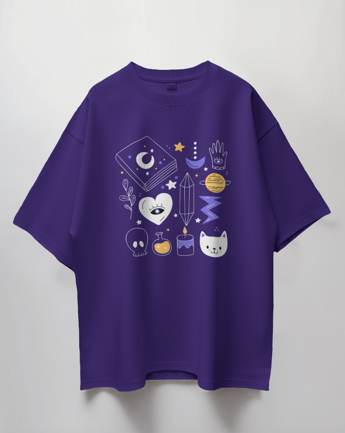 Round Neck Oversized Unisex Half Sleeves T-Shirt with Witchy Whimsy Print