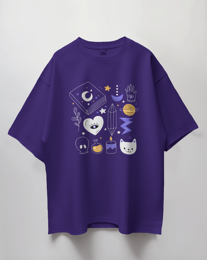Round Neck Oversized Unisex Half Sleeves T-Shirt with Witchy Whimsy Print